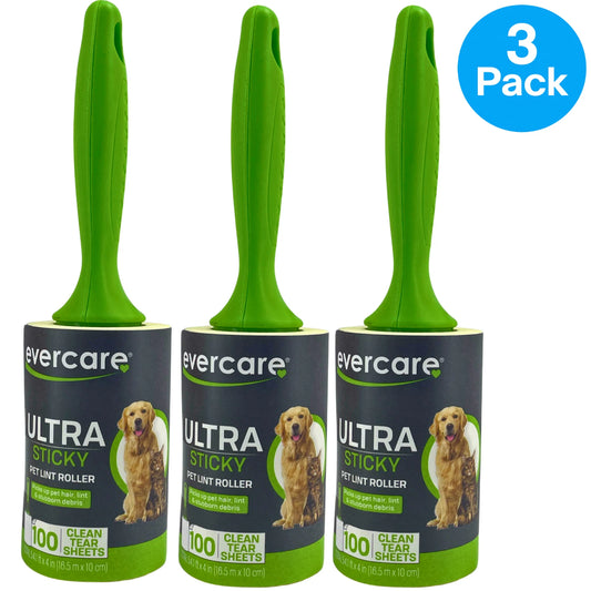 Evercare Ultra Sticky Pet Lint Roller 100 Clean Tear Sheets 3 Pack Bundle (Total