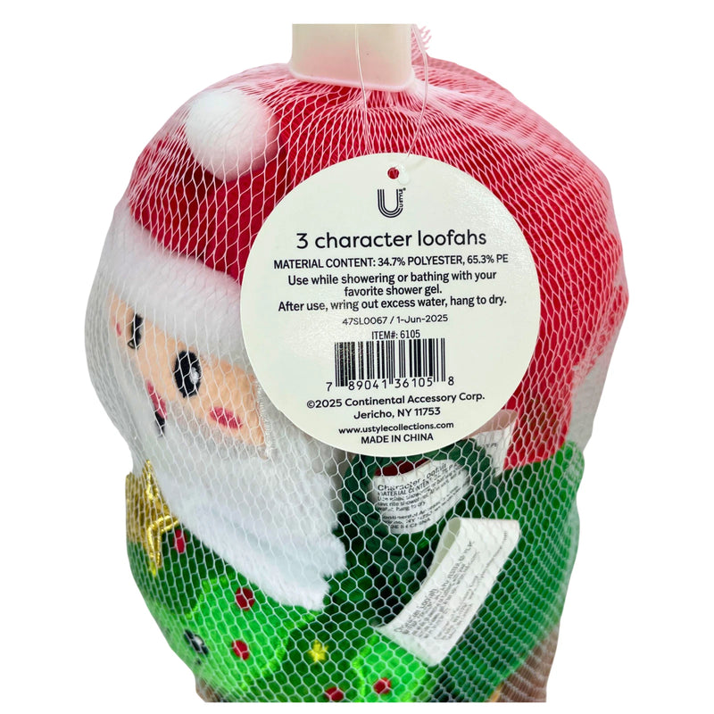 U Style Christmas Holiday Character Loofahs Santa Tree Reindeer 3 Count 2 Pack B