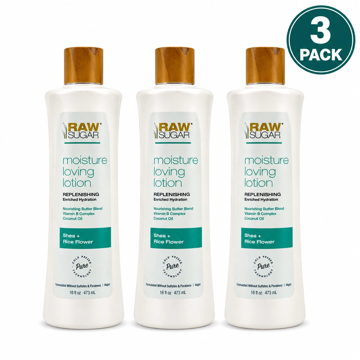 Raw Sugar Moisture Loving Lotion Shea + Rice Flower Replenishing 16 fl oz 3 Pack 1