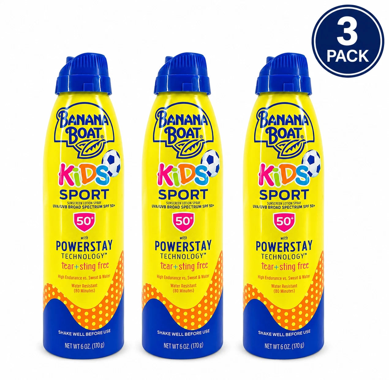 Banana Boat Kids Sport Sunscreen Spray SPF 50+ PowerStay 6 oz 3 Pack Exp: 06/26 1