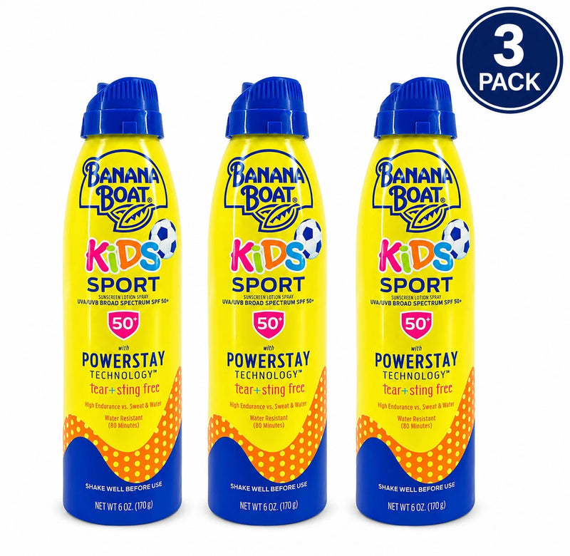Banana Boat Kids Sport Sunscreen Spray SPF 50+ PowerStay 6 oz 3 Pack Exp: 06/26