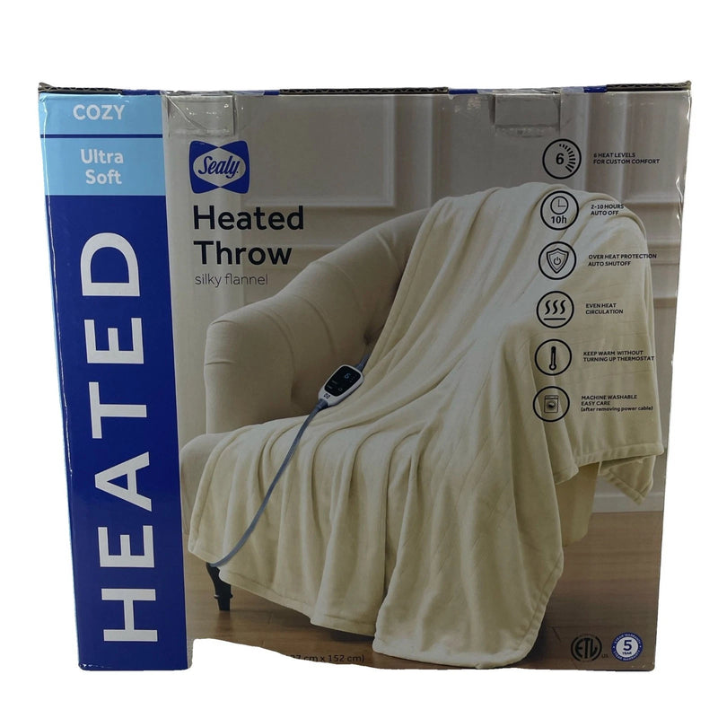 Sealy Heated Throw Silky Flannel 50x60 6 Heat Levels Cream New