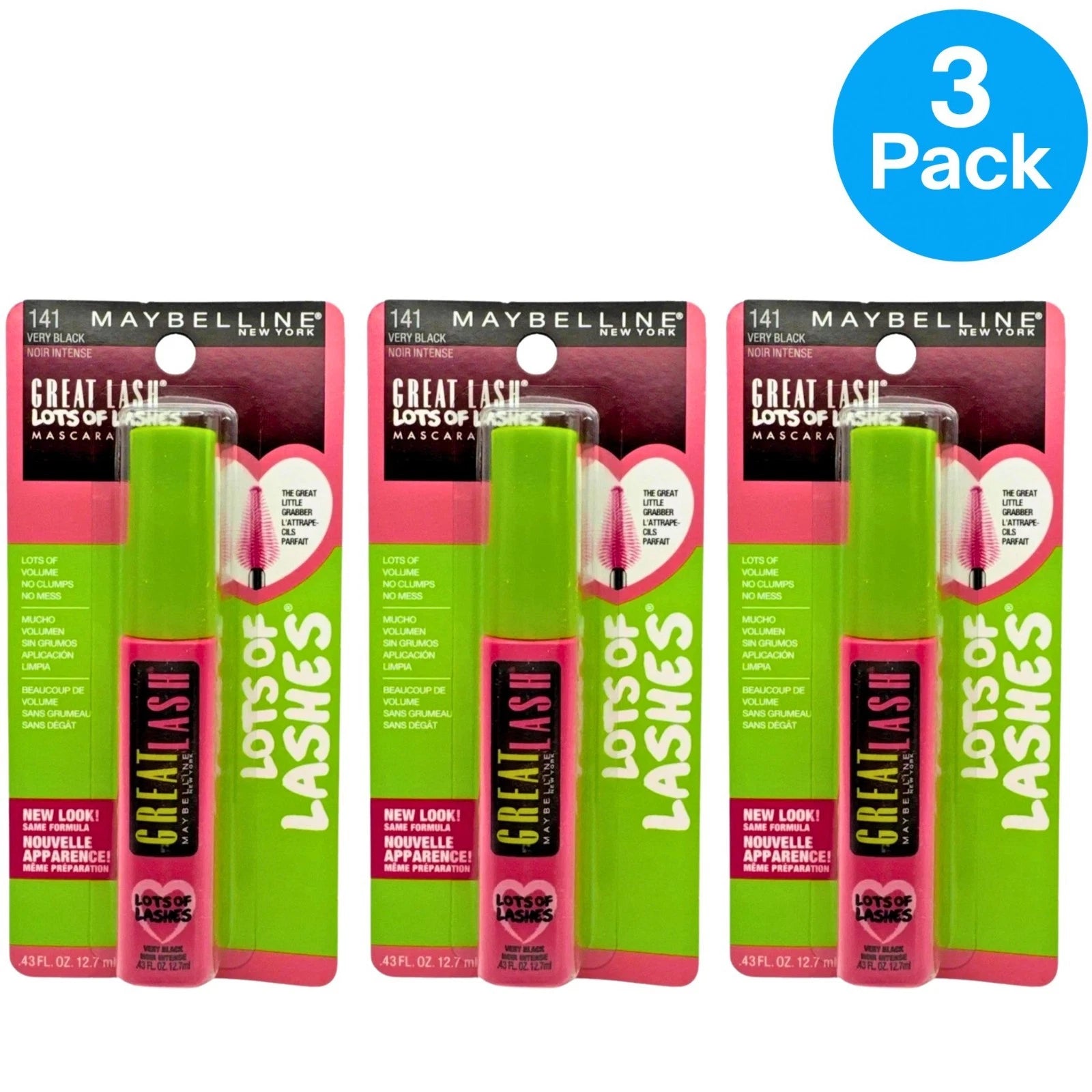 Maybelline Great Lash Mascara 141 Very Black 3 Pack New