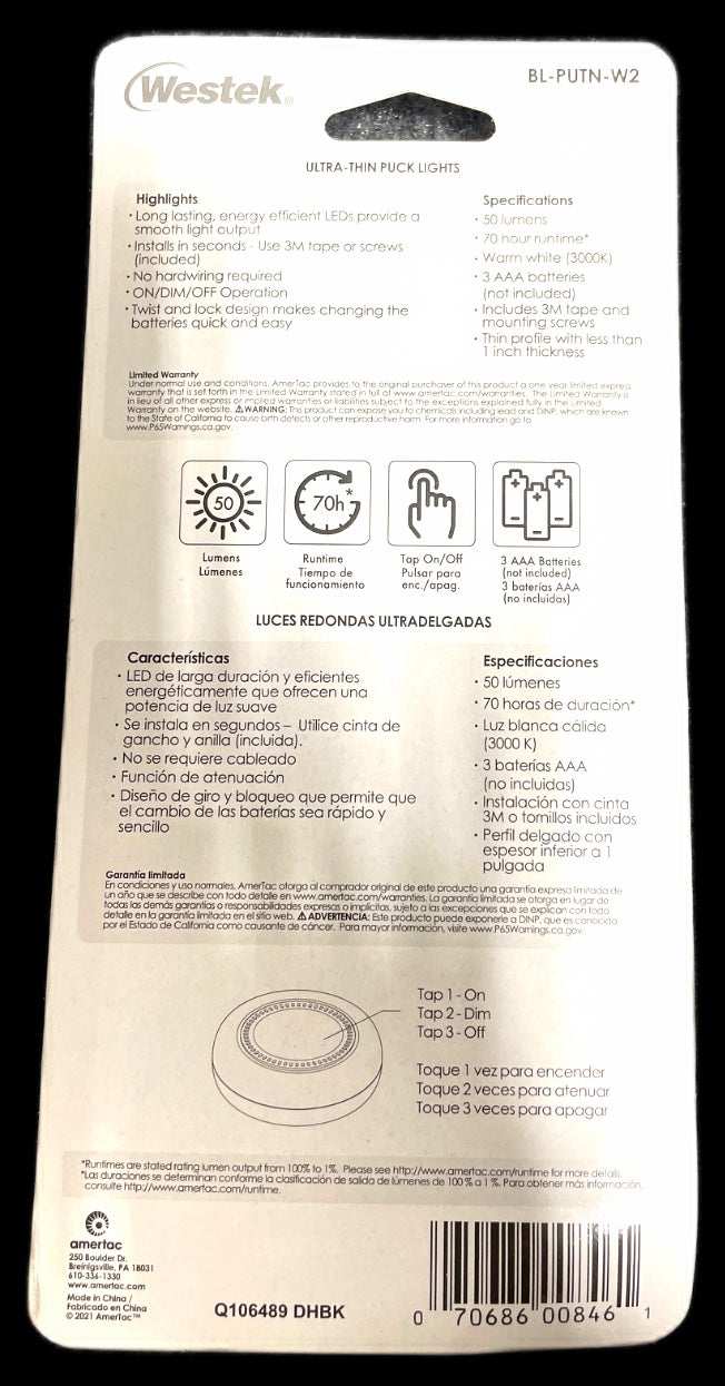 Westek Ultra Thin Wireless LED Puck Light Battery Operated Pack of 1 New