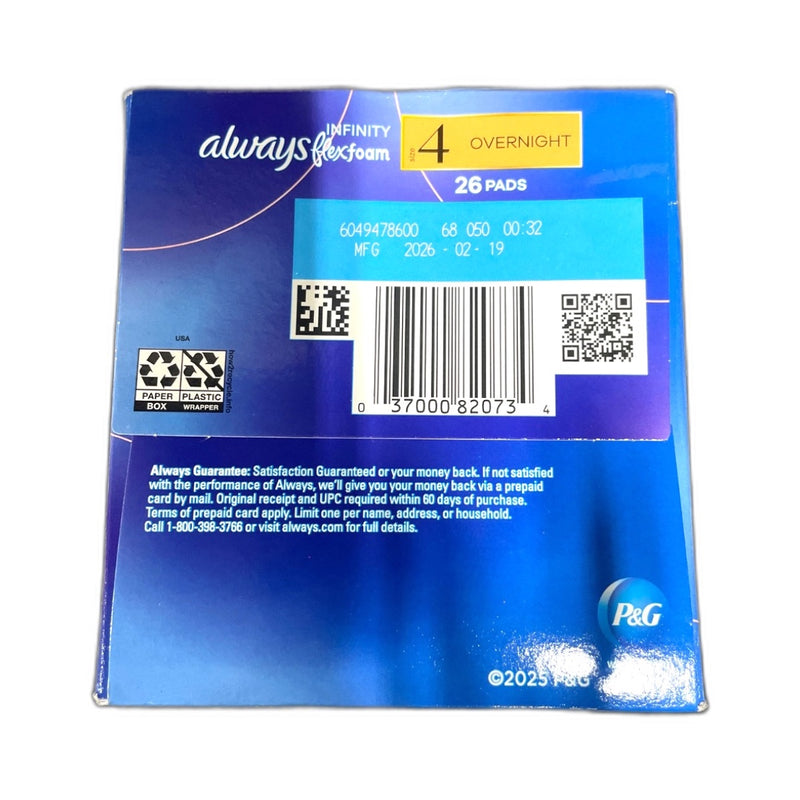 Always Infinity FlexFoam Pads Size 4 Overnight Wings 26 Count Pack of 1 New